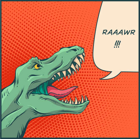 Vector illustration in mid century comics style - rawring dinosaur with halftone background and...
