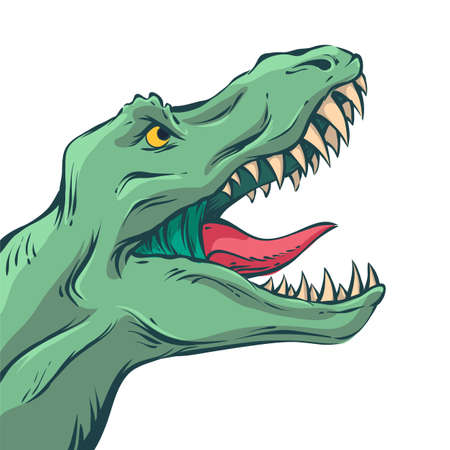 Vector illustration in mid century comics style - rawring dinosaur head on isolated white backgroundのイラスト素材