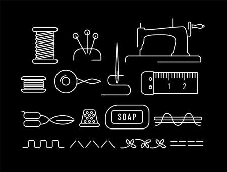 set of sewing tools icons in lineart style - vintage objects for hand made and craftのイラスト素材