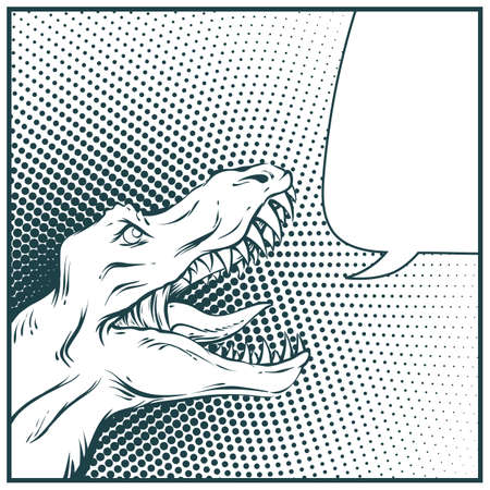 illustration in mid century comics style - rawring dinosaur outline manga page with halftone background and speech bubble.のイラスト素材