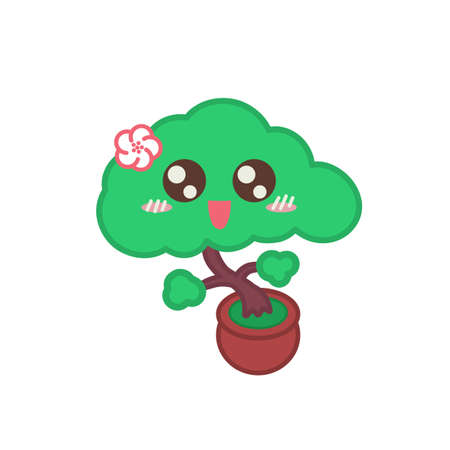 Vector illustration of a cute baby girl bonsai tree with face and cherry flower dancing in a pot isolated on whiteのイラスト素材