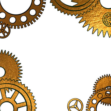 Vector illustration in retro mid century comic books style - golden metallic frame of clock gears isolated on white background with copy spaceのイラスト素材