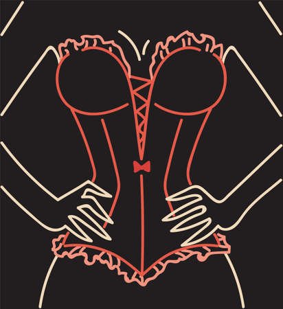 Woman in red corset neon lamps light sign, hands on waist vector illustration in retro style for cabaret show or fachion sexy clothes lingerie shopのイラスト素材