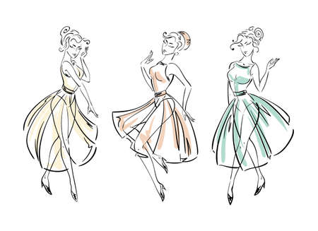 Set of fashion freehand dresses collection sketches women models walking vector isolated on whiteのイラスト素材