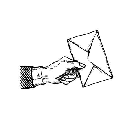 Engraving style hand with postal envelope as Valentine's day secret message of declaration of love from romantic admirer Vintage style vector illustration isolated on whiteのイラスト素材