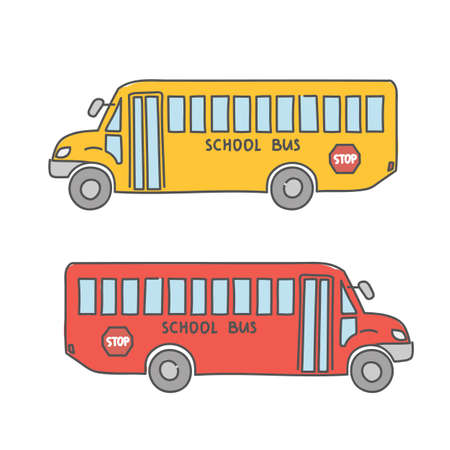 School bus set of two colors red and yellow doodles in cartoon style back to school vector...