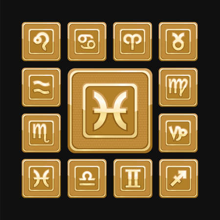 Zodiac signs set full collection 12 symbols in metallic frame and shiny gold plated icons mystic horoscope forecastのイラスト素材
