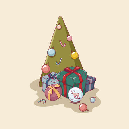 Christmas tree decorated with baubles candy cones ornaments and gifts present boxes pile and snow globe with deer vector illustrationのイラスト素材