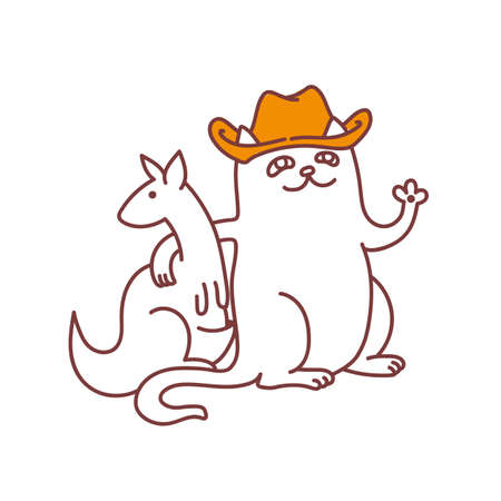 Cowboy cat with kangaroo serious farmer cat in cow boy hat hugging cangaroo funny doodle sketch vector illustration isolated on white backgroundのイラスト素材