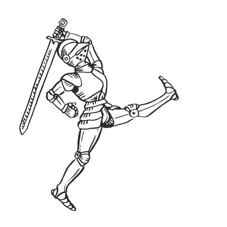 Knight in shining armour suit with sword fighting Medieval ages style art as hand drawn ink illuminated manuscript painting decorative castle warrior with copy space isolated on whiteのイラスト素材