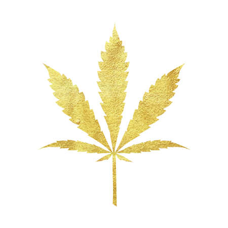 Gold cannabis leaf vector - metallic golden paint foil silhuette of marijuana ruderalis leaf on white background, yellow shiny weed signのイラスト素材