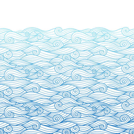 Waves pattern horizontally seamless border background blue gradient wavy swirls woth white outline line art and white copy spaceのイラスト素材