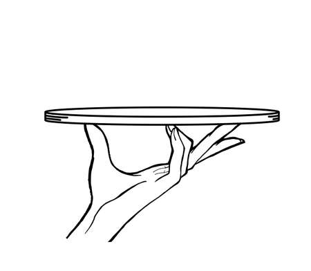 Hand holding tray elegant service concept of presentation serving icon with copy space black and white vector outline illustration isolatedのイラスト素材