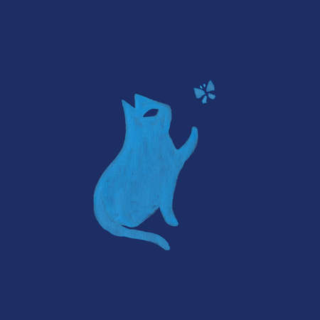 Cat in nordic design style blue pet playing with butterfly hand drawn pastel colored in modern rustic scandinavian style llustrationの写真素材