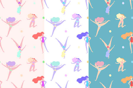 Set of Vector seamless patterns with women in swimsuits on beach playing ball. Design element for summer vacation, beach valleyball, feminism and freedom of women.の写真素材