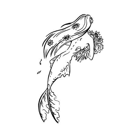Vector Mermaid illustration black isolated on white, coloring page or fairy tale illustration, mermaid with sunflowers flowers bouquetのイラスト素材