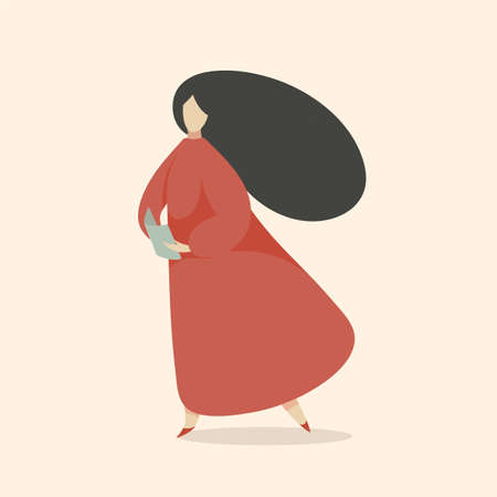 Woman Reading Book Walking and Thinking, Reading Outloud, Minimal Middle Century Flat Vector Illustration about Education and Reading Leisure Hobby.のイラスト素材