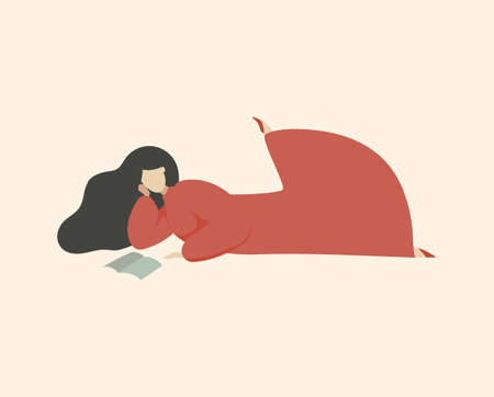 Woman Reading Book Laying and Chilling with Book, Romantic Daydreaming, Minimal Mid Century Flat Vector Illustration of Education and Leisure.のイラスト素材