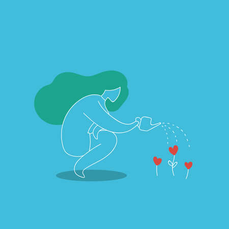 Woman Watering Love Flowers, Raising Feelings Freedom Concept, Care and Growth Relations and Valentine Holiday Lifestyle, Modern Mid Century Flat Vector Style Illustrationのイラスト素材
