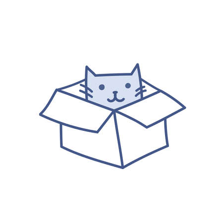 Funny catroon vector cat sitting in box. Happy smiling pet kitty in empty box, package and delivery concept. New friend vector illustration isolated on white.のイラスト素材