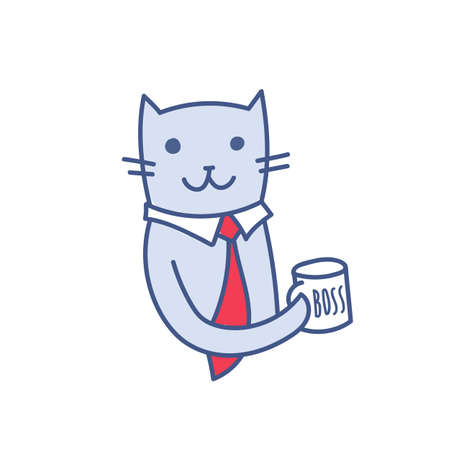 Cartoon business cat in red tie holding mug with Boss word, successful businessman leader picture, kawaii vector illustration isolated on white. Corporate leadership concept of success.のイラスト素材