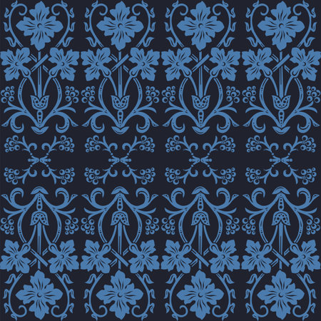 Art nouveau seamless pattern in black ang blue, vintage Victorian floral ornament of wild flowers, scrolls and swirlsのイラスト素材