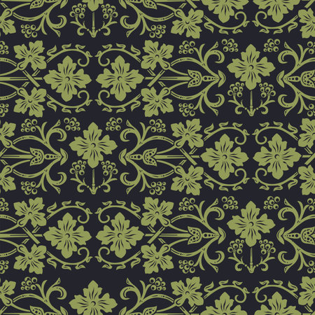 Seamless pattern in black ang green, vintage Victorian floral ornament of wild flowers, scrolls and swirlsのイラスト素材