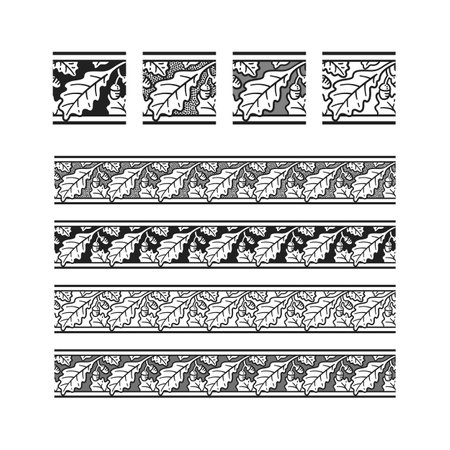 Vector set of vintage seamless patterns of oak tree leaves and acorns in different colors, antique natural engraved design elementsのイラスト素材