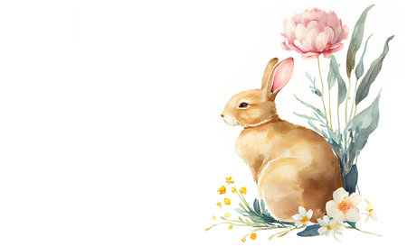Watercolor painting of rabbit floral corner vignette on copy space banner as illustration of Easter bunny with peony flower generative AI artの素材