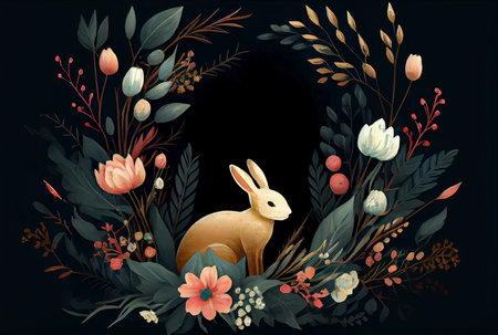 Painting of rabbit in floral vignette with copy space as illustration of Easter bunny on black background generative AI artの素材