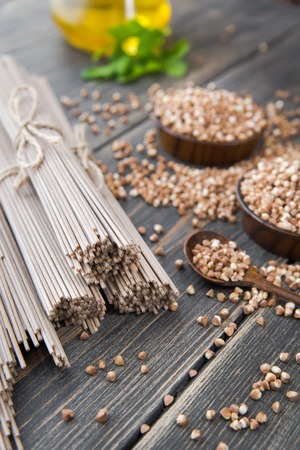 Japanese vermicellifine noodles on an old wooden table, rustic styleの写真素材