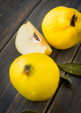 Ripe quince or queen apple autumn fruits with leaves on dark rustic wooden backgroundの写真素材