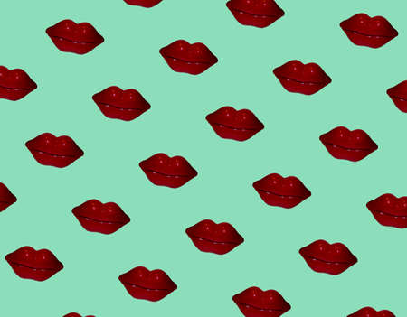 Dark red lips multiplied on soft green background. Minimal abstract pattern composition. Valentines, love, sending kisses idea.の写真素材