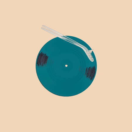 Illustration of vinyl record on soft trendy color background with turntable needle. Vintage music and retro technology idea.の写真素材