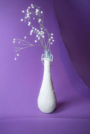 Flower in vintage bottle on three layer trendy lavender violet color background. Minimal abstract decor and interior design concept. With copy space.の写真素材