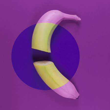 Banana colors composition with square and circle. Trendy lavender pastel colors. Minimal abstract summer and contemporary art concept.の写真素材