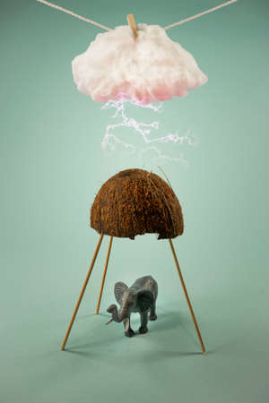 Elephant hiding from a storm under half cracked coconut. Kid toy animal. Lightning strikes from cloud hanging on a rope. On trendy pastel background. Minimal abstract endangered species concept.の写真素材