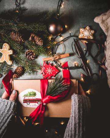 Woman hands making Christmas present. Creative layout arrangement made of Christmas related objects. Top view, flat lay. Minimal season specific and holiday concept.の写真素材