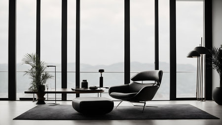 Large modern luxury living room or office space with black leather furniture. Minimal relaxation and home decor concept. With copy space.の素材