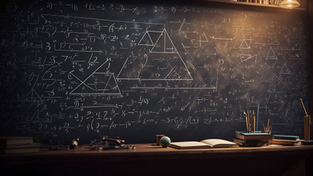 Chalkboard with written signs and numbers. Fictional retro mathematics and physics background. Study and learning idea. Science and education concept. With copy space.の素材