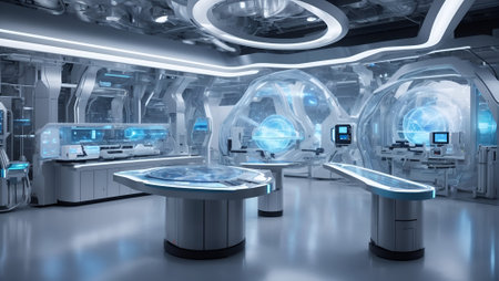 Futuristic looking medical or other research lab background. Future science and technology idea. Advance civilization concept. With copy space.の素材