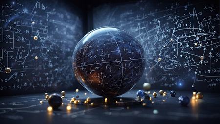 Chalkboard with written signs and numbers. Fictional retro mathematics and physics background. Study and learning idea. Science and education concept. With copy space.の素材