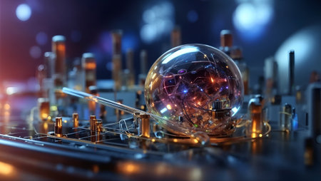 Futuristic looking science and technology background. Advance civilization idea. Research and development idea. With copy space.の素材