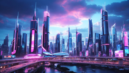 Cityscape of futuristic megalopolis. Advance civilization concept. Creative background. With copy space.の素材