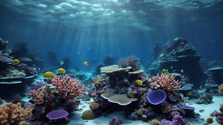 Beautiful fantasy colorful coral reef with fishes. Natural habitat and environment protection concept. Summer travel and tropic idea. With copy space.の素材
