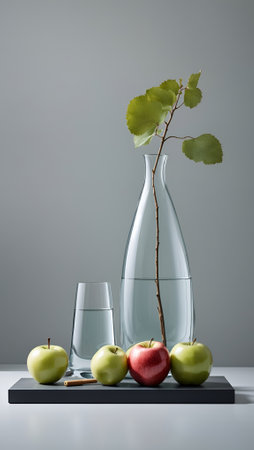 Modern still life with apples, pears and water bottles. Food and drink background. Minimal abstract lifestyle and fashion concept. With copy space.の素材