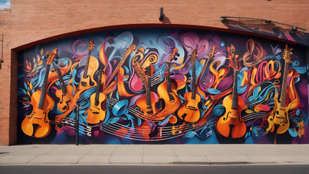 Beautiful colorful mural on the street with music elements. Minimal abstract fashion and music background. Art and lifestyle concept. With copy space.の素材