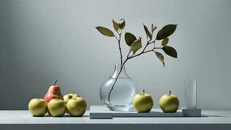 Modern still life with apples, pears and water bottles. Food and drink background. Minimal abstract lifestyle and fashion concept. With copy space.の素材