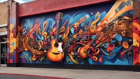 Beautiful colorful mural on the street with music elements. Minimal abstract fashion and music background. Art and lifestyle concept. With copy space.の素材