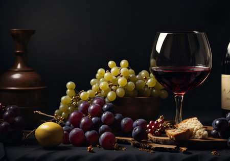 Modern still life with apples, pears, grape, bread and wine. Food and drink background. Minimal abstract lifestyle and fashion concept. With copy space.の素材